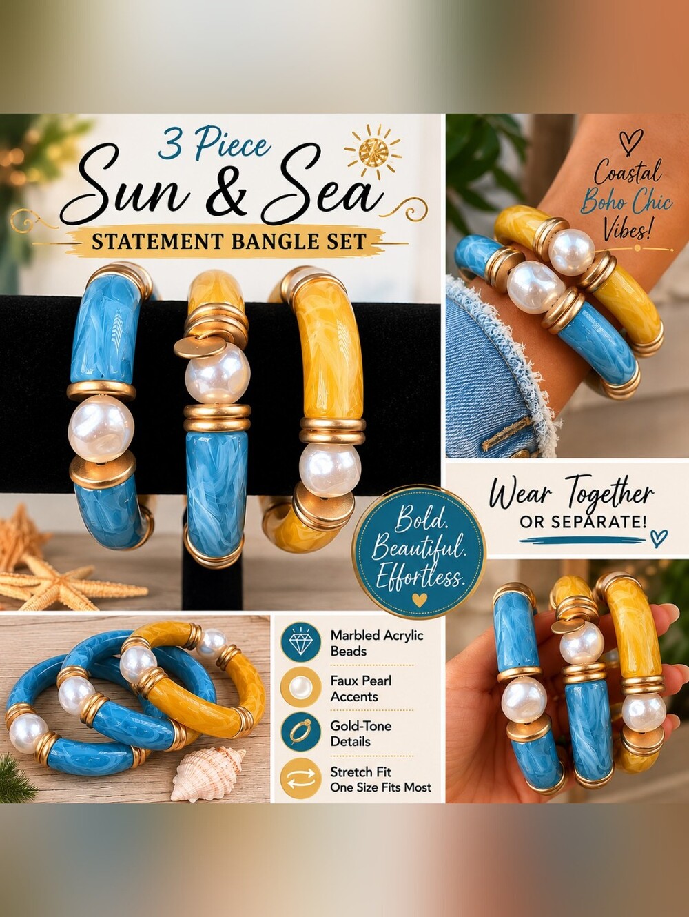 Plunder Blue and Yellow Marbled 3-Piece Bangle Set